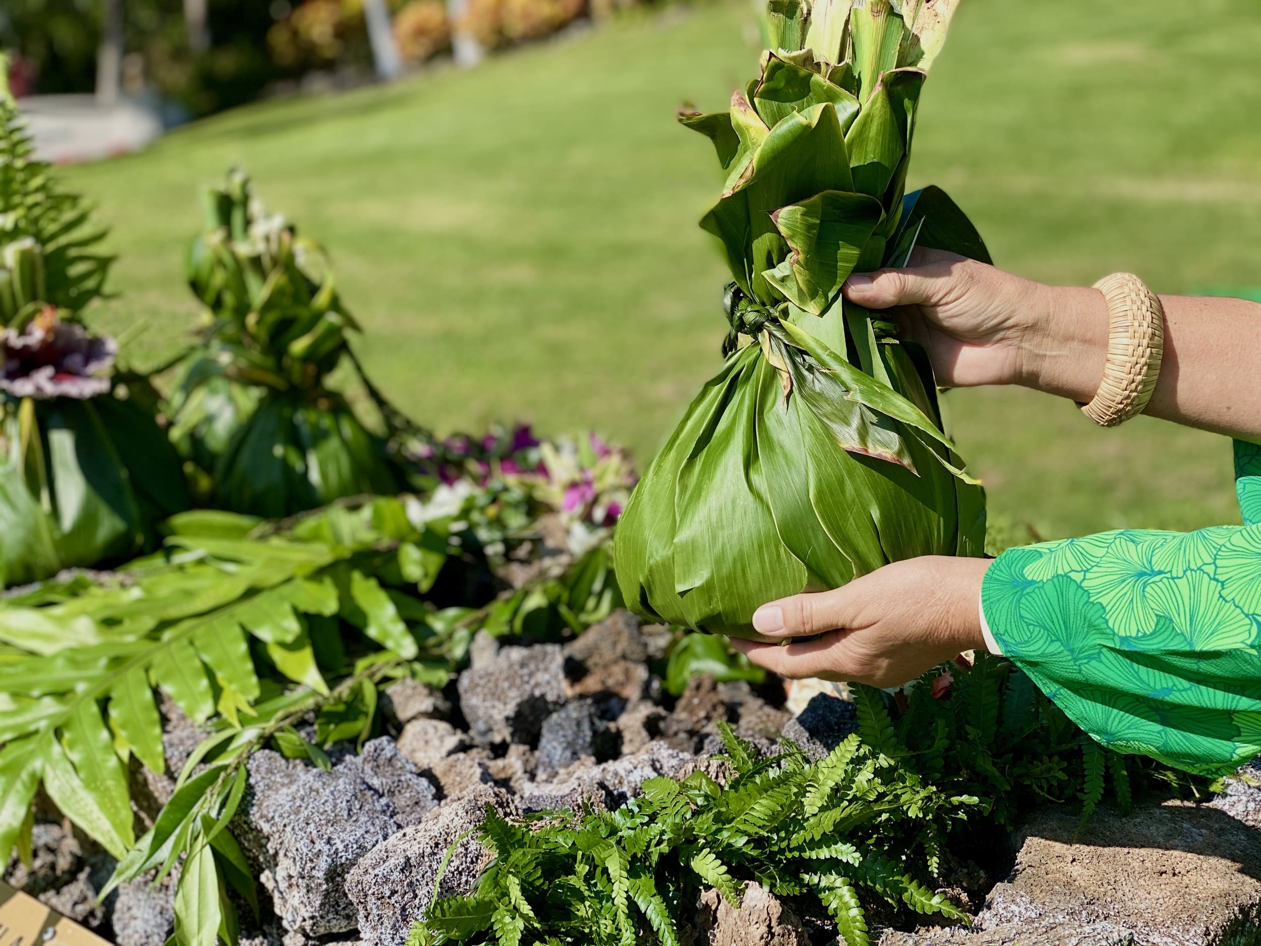 woman placing bag on an alter