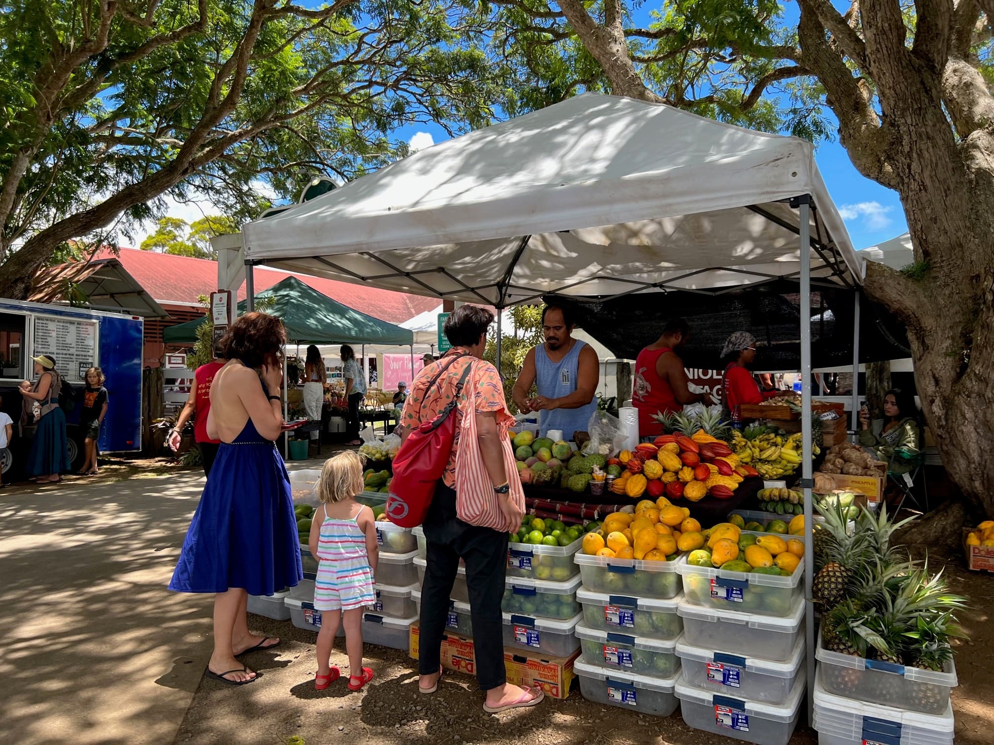 Family at fruit and vegetable stand