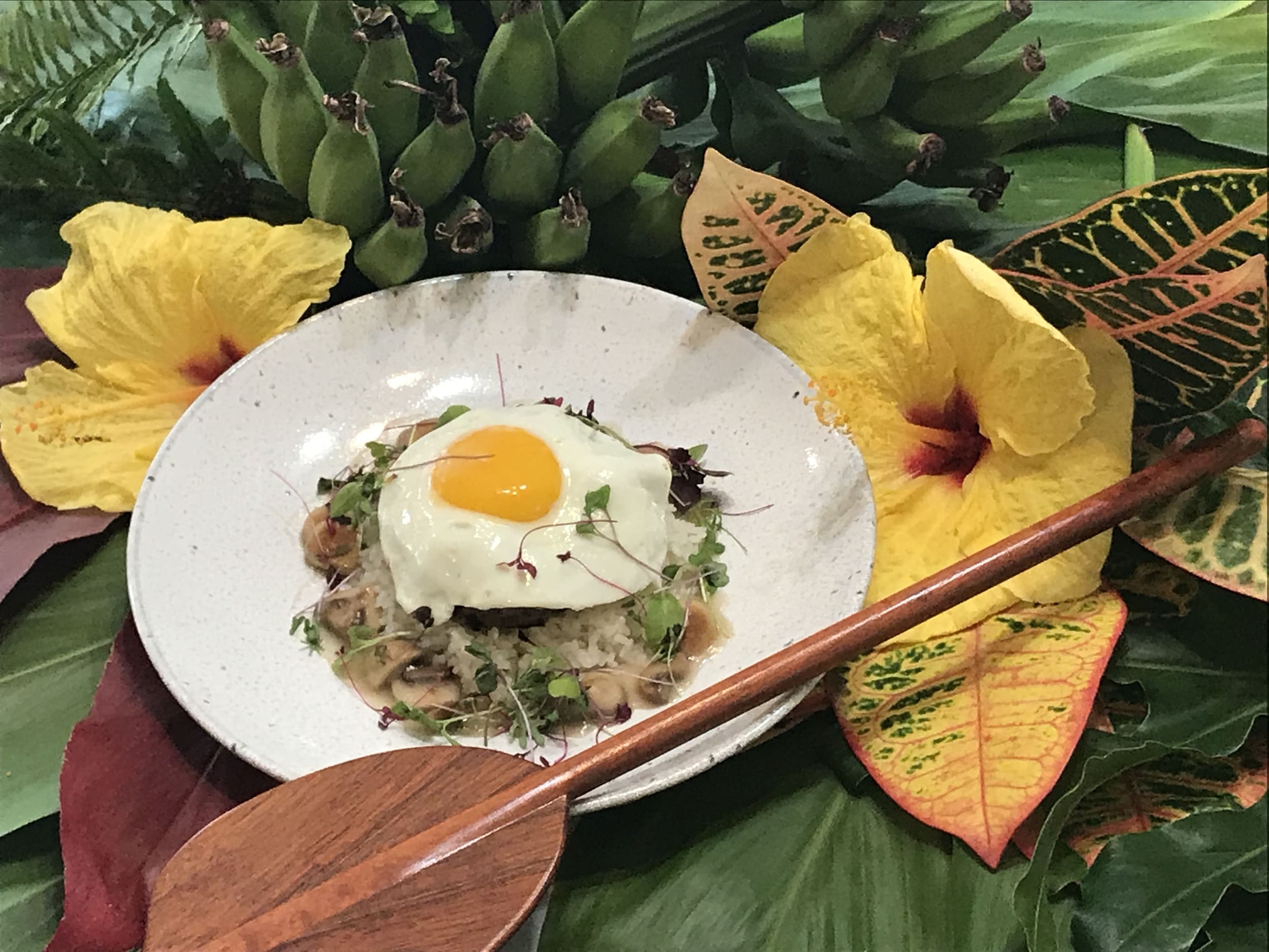 loco moco on a plate surrounded by flowers