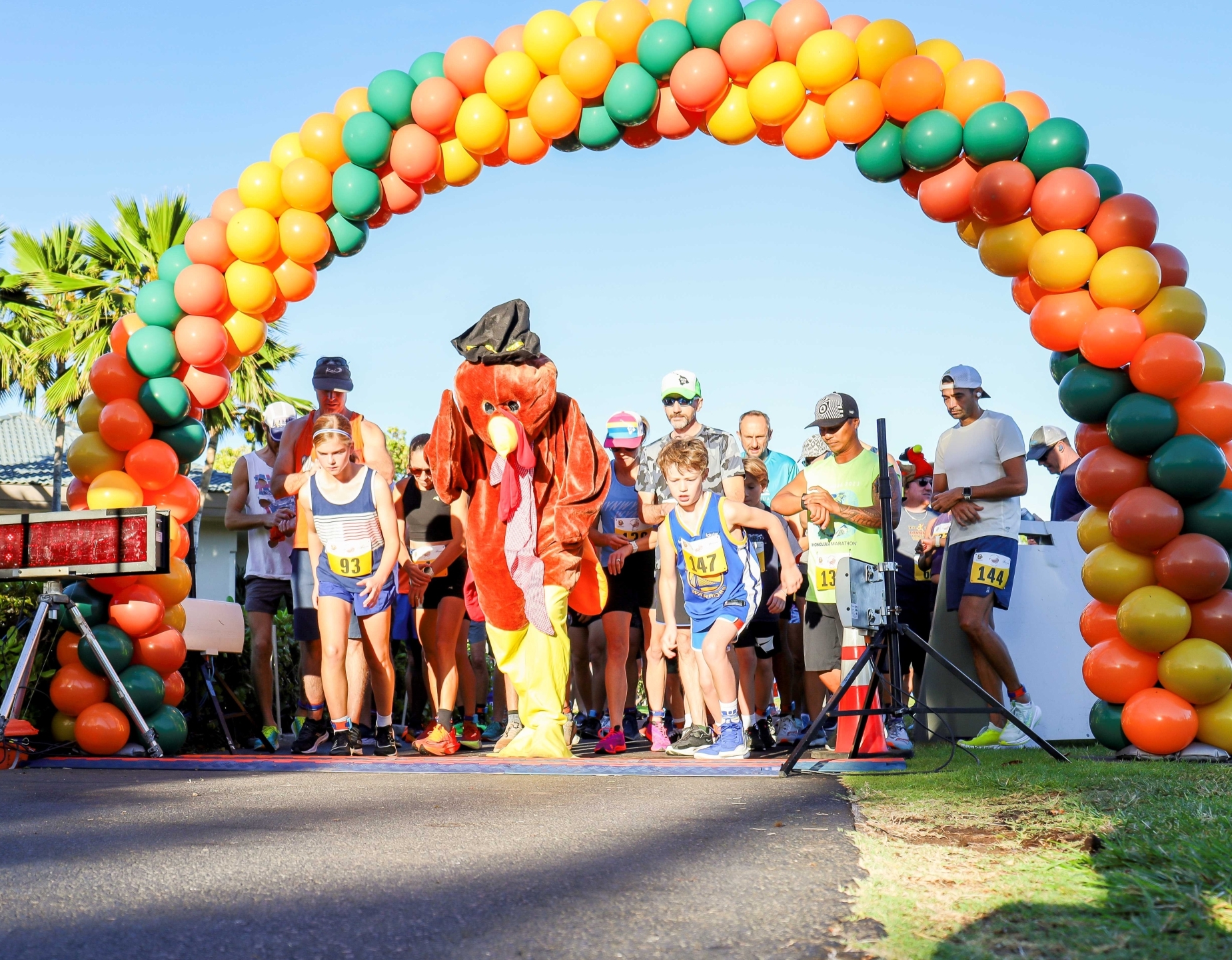 Participants and person in turkey costume lined up at start line to compete in a race