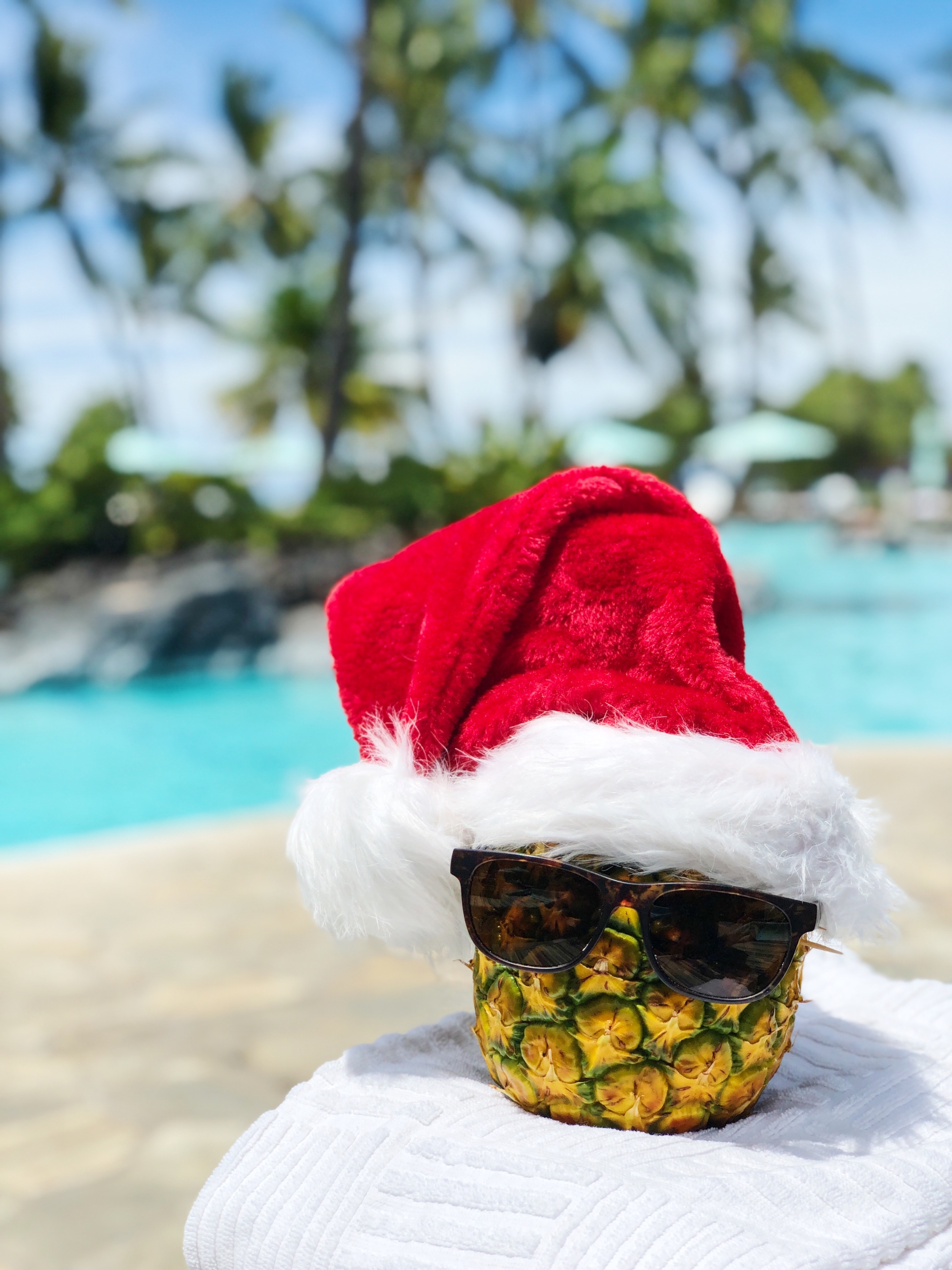 Pineapple wearing sunglasses and a Santa hat