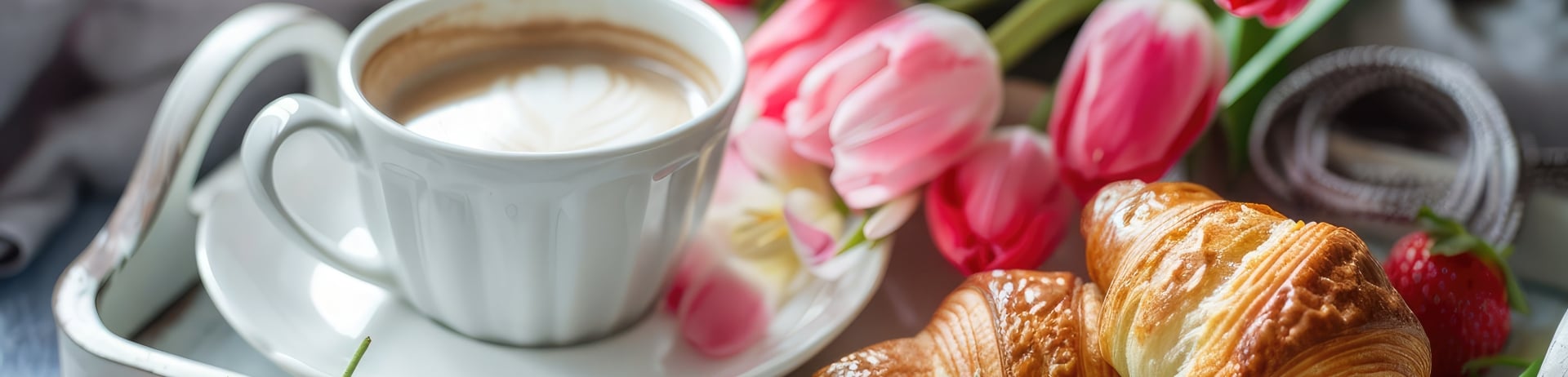 coffee and croissant on a tray by flowers