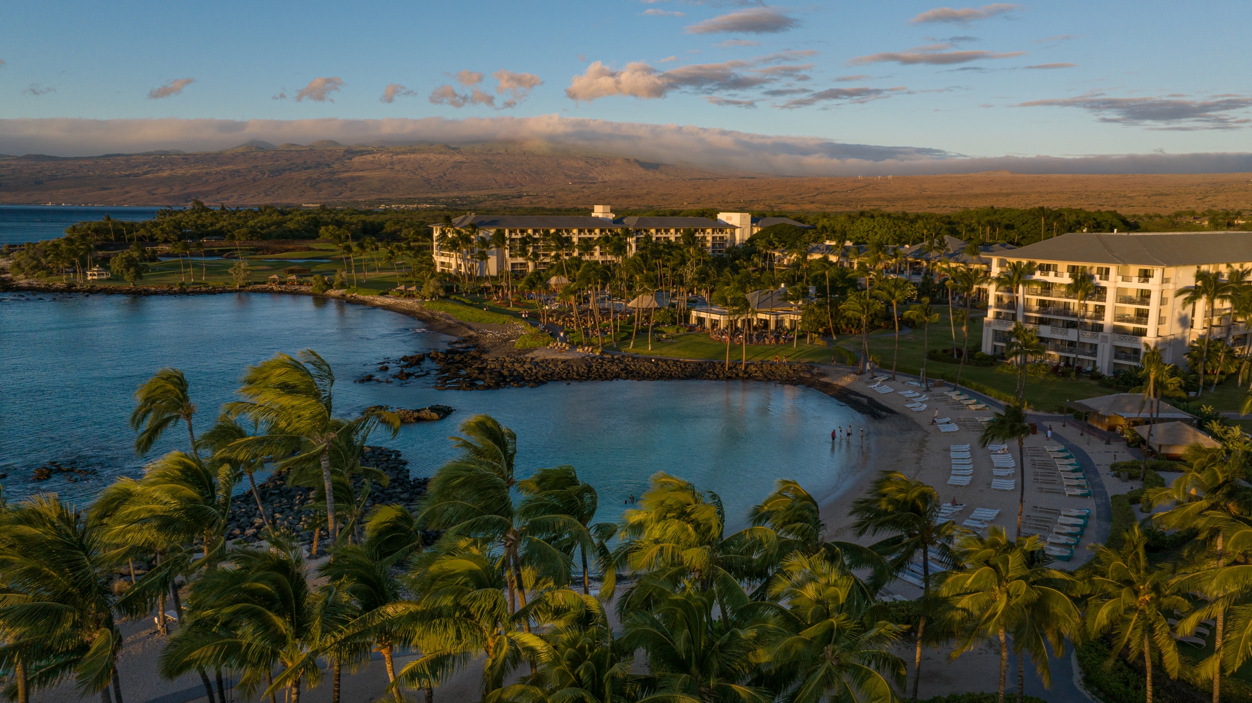 Aerial view of resort at sunset